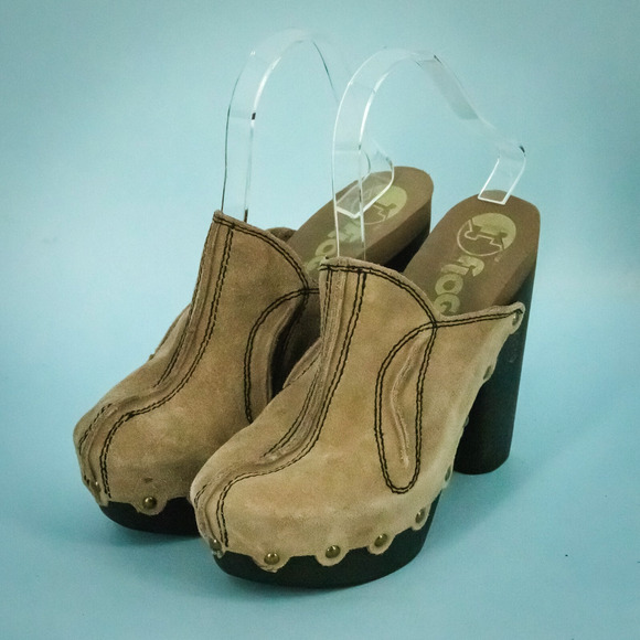 Flogg Size 8 Diana Suede Leather Tan Beige Slip On Boho Comfort High Heel Clogs - Picture 1 of 8